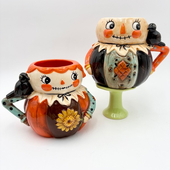 Transpac Scarecrow Mugs Set Halloween Decor Crow Accent Fall Autumn Decoration - Picture 1 of 10